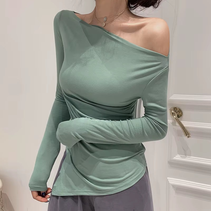 off Shoulder Tshirt Woman Backless Sexy T Shirt Women T-Shirt Long Sleeve Korean Style Slim Elasticity Womens Clothing