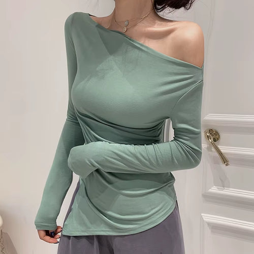 off Shoulder Tshirt Woman Backless Sexy T Shirt Women T-Shirt Long Sleeve Korean Style Slim Elasticity Womens Clothing