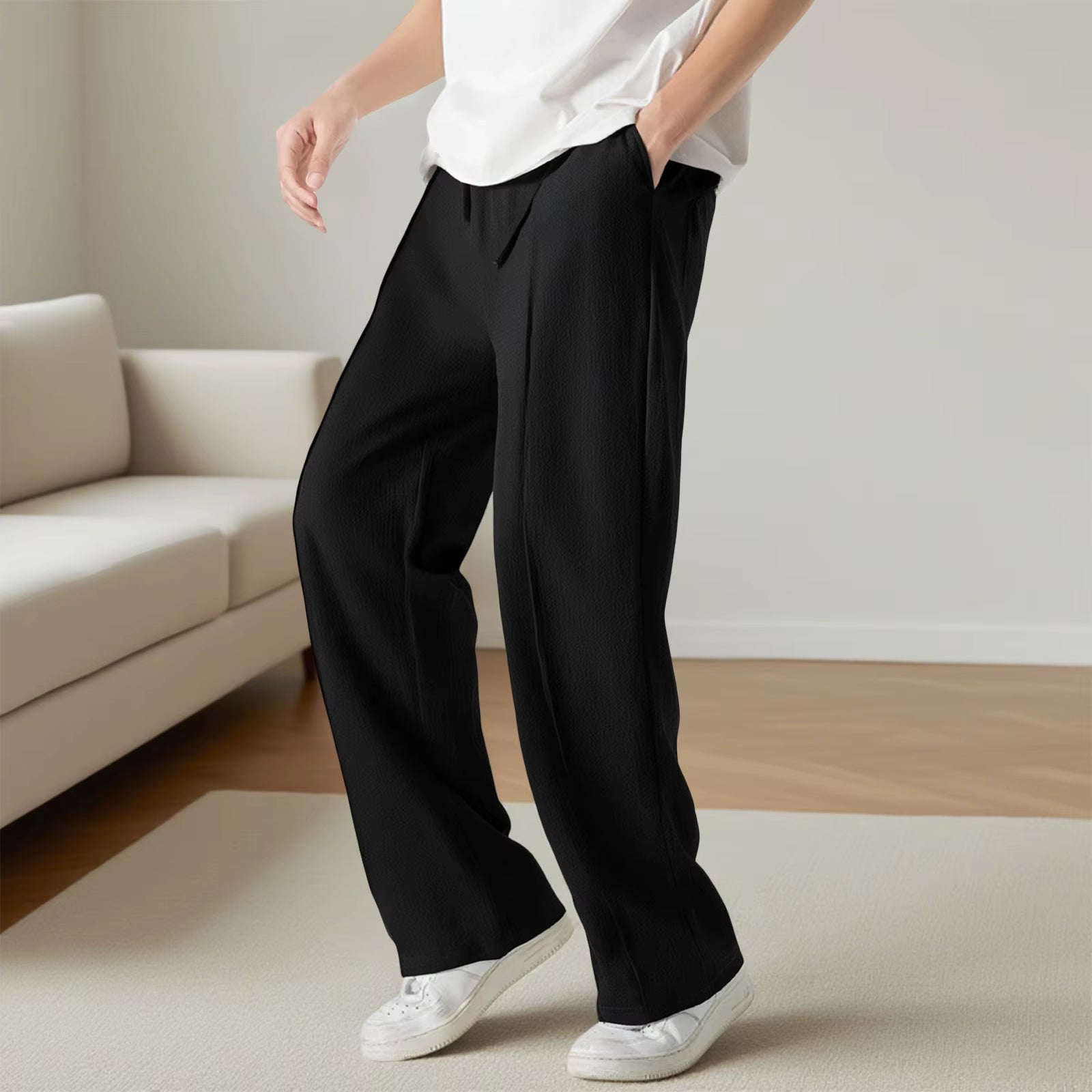 Men S Casual Elastic Waist Drawstring Loose Fit Pants with Pockets Comfortable Trousers for Everyday Wear