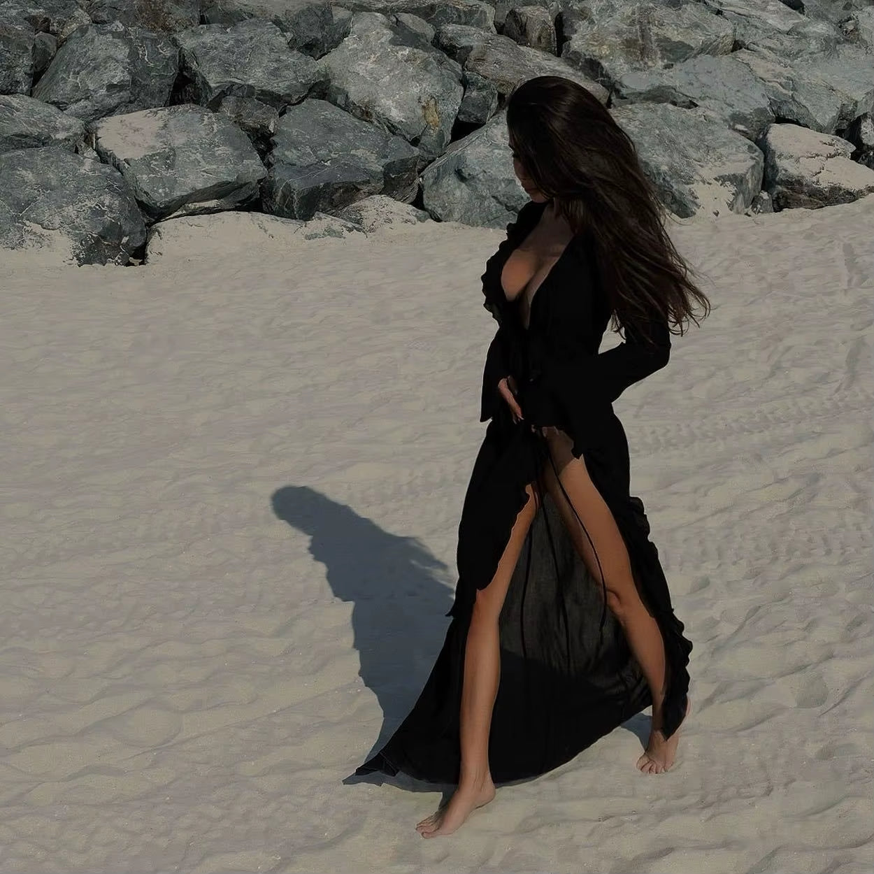 New Chiffon Tunic Beach Cover up Cover-Ups Dress Sunscreen Beachwear Womens Clothing Sexy V Neck Ruffled Long Sleeve Black White