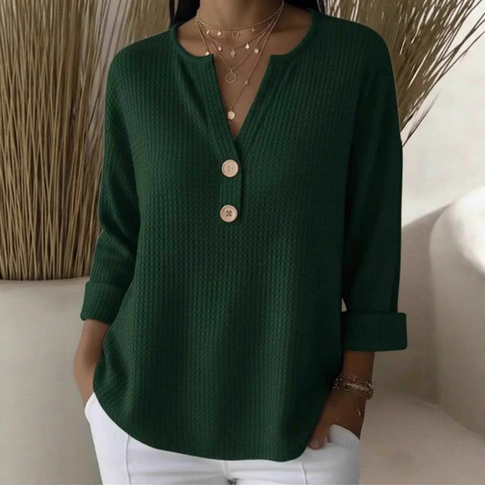 Womens Loose-fit Waffle-knit Long-sleeve V-neck Top