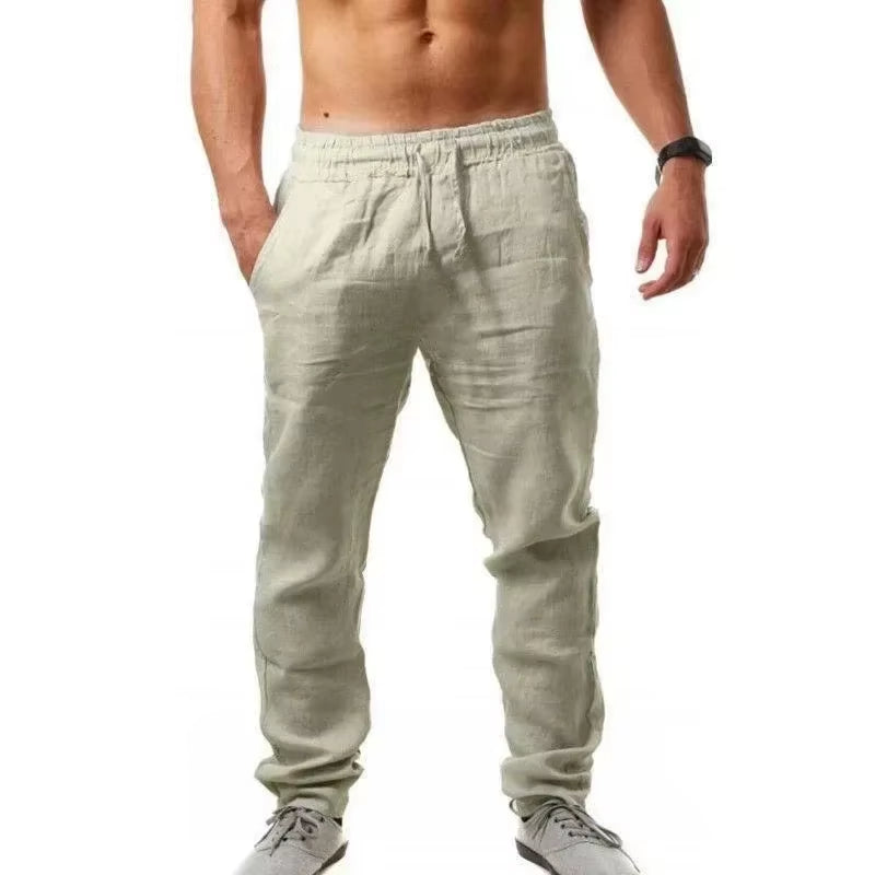 Summer Cotton Pants Casual Long Fitness Breathable Pants Linen Lightweight Drawstring Yoga Beach Trousers Solid Color Mens Pants