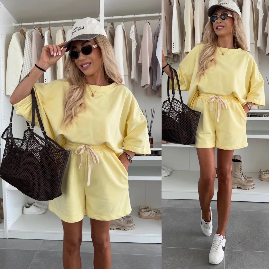 Crew-neck Half-sleeve T-shirt And Minimalist Lace-up Shorts Set