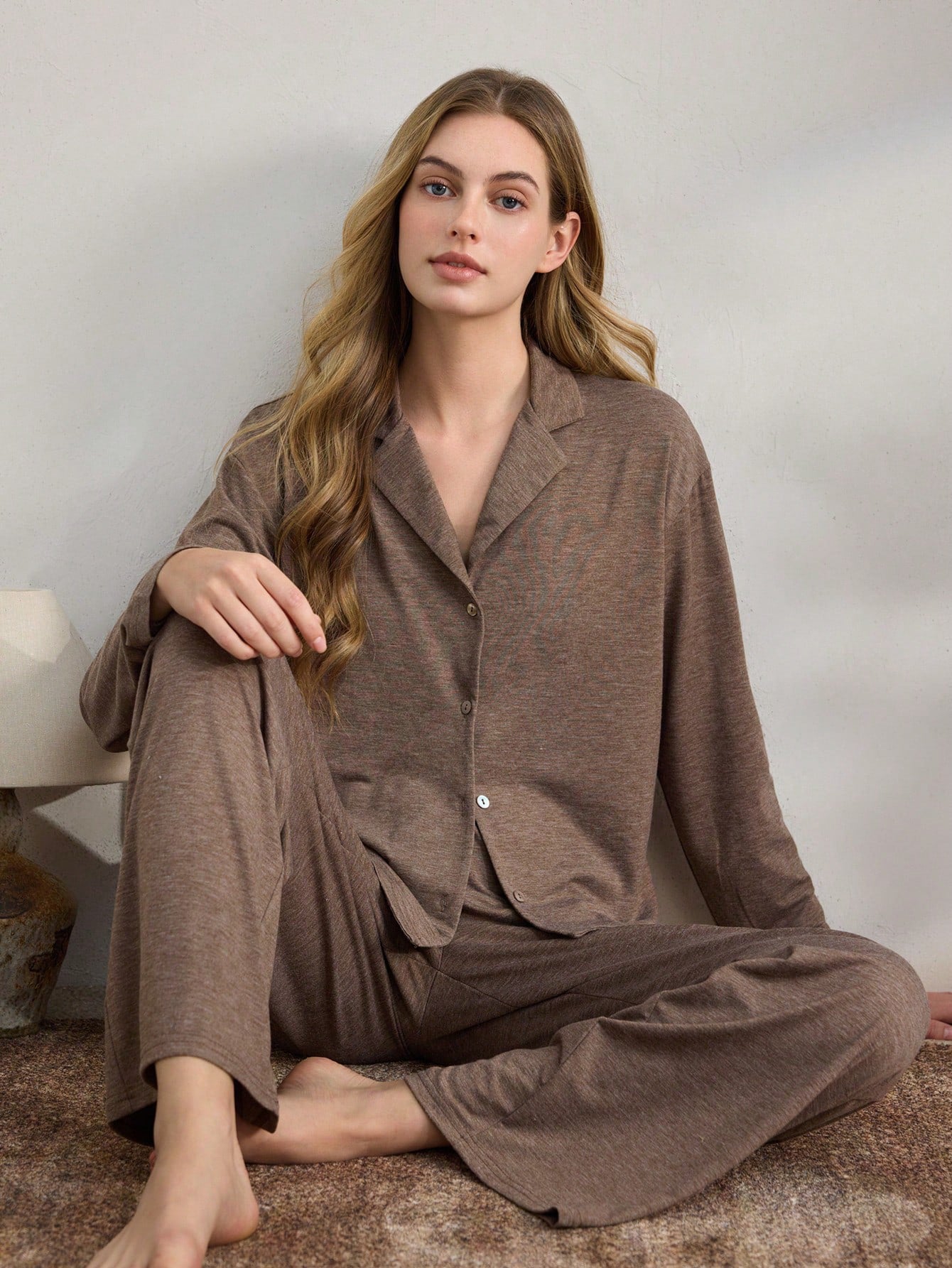 Casual Cardigan Long-sleeve Top And Loose-fitting Pants Pajama Set