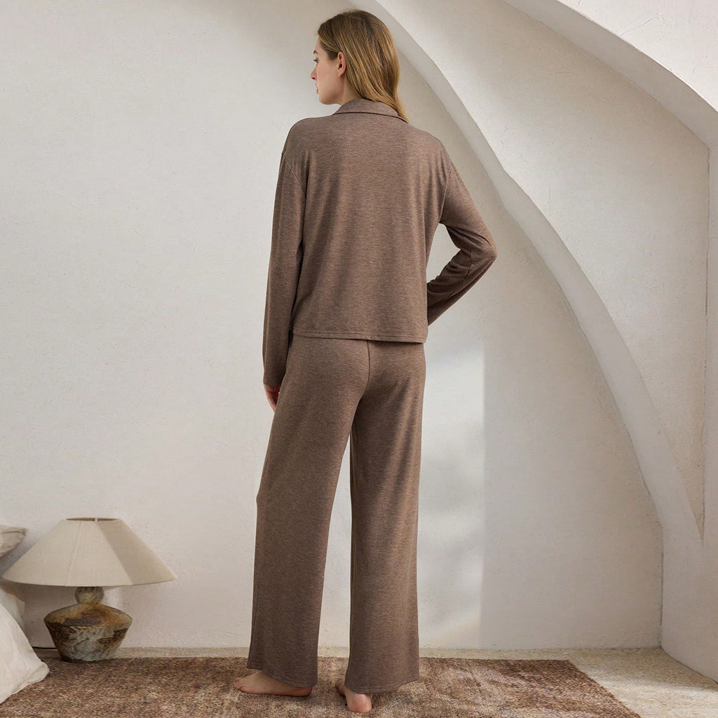 Casual Cardigan Long-sleeve Top And Loose-fitting Pants Pajama Set
