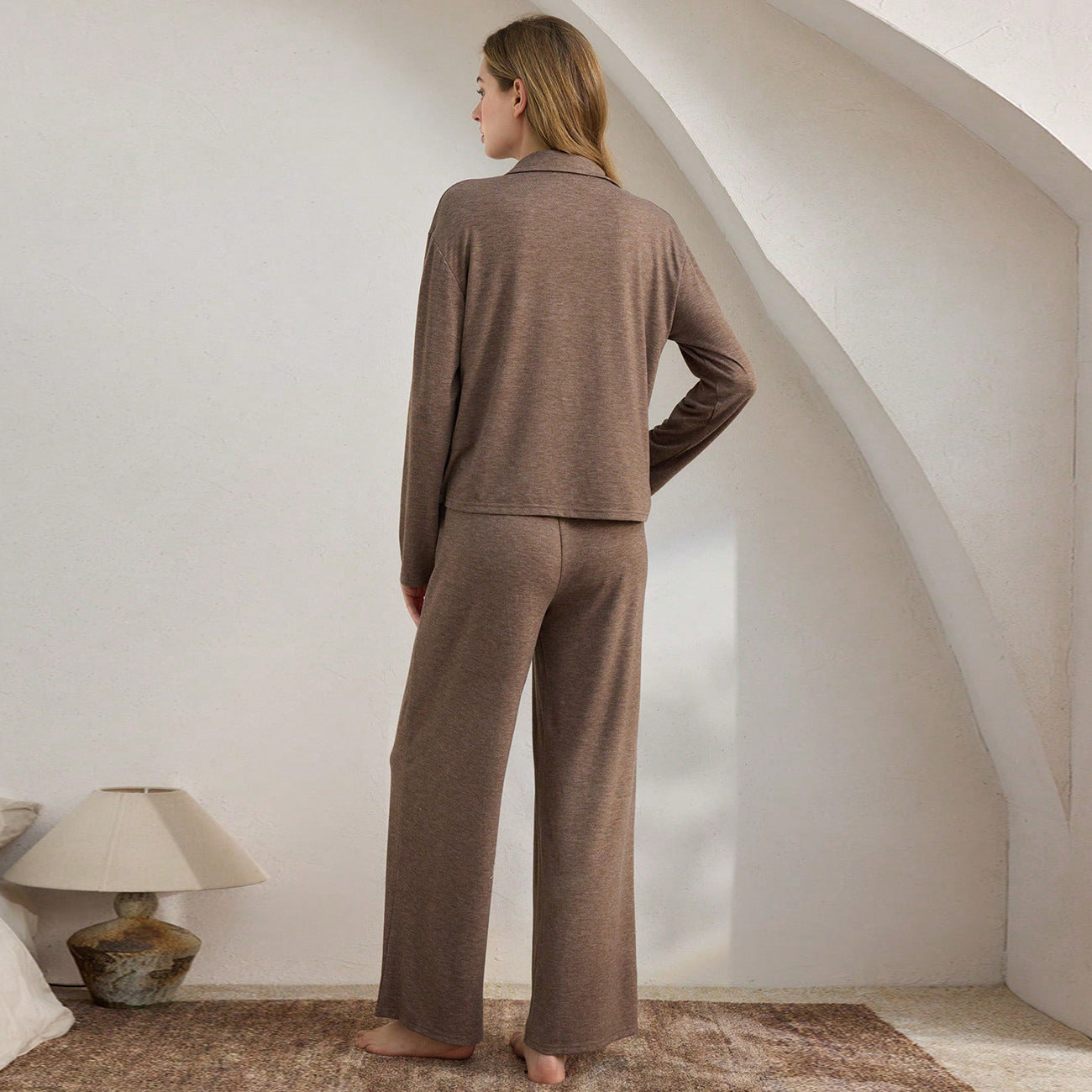 Casual Cardigan Long-sleeve Top And Loose-fitting Pants Pajama Set