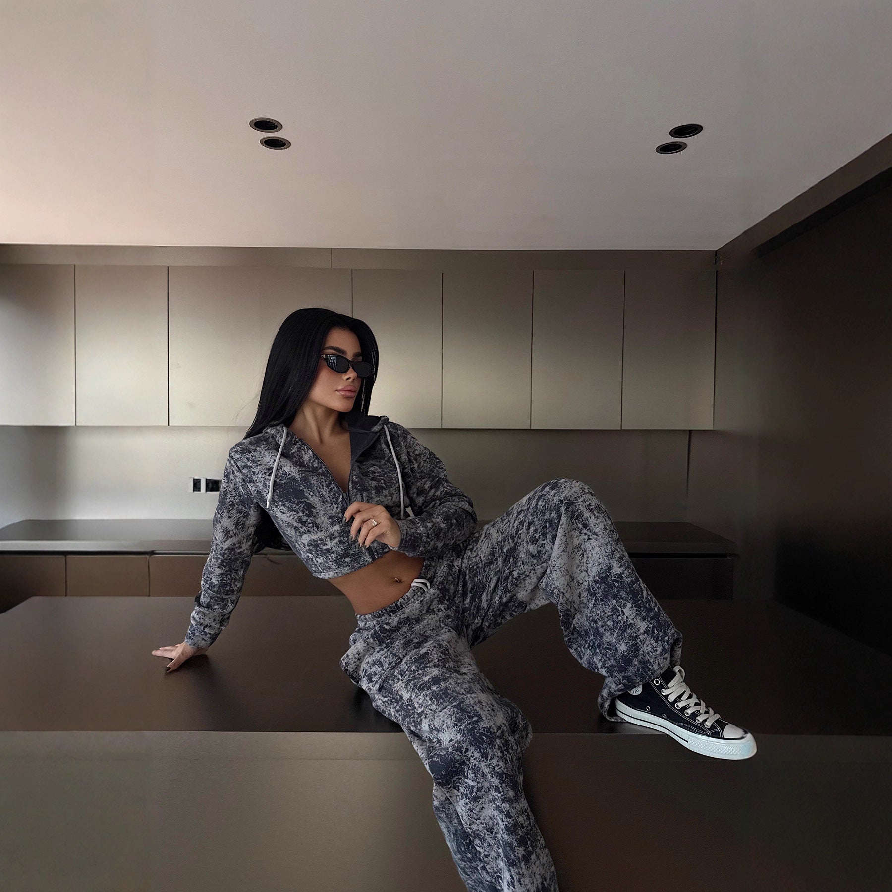 Printed Athletic Set With Zip-up Hoodie And Wide-leg Pants