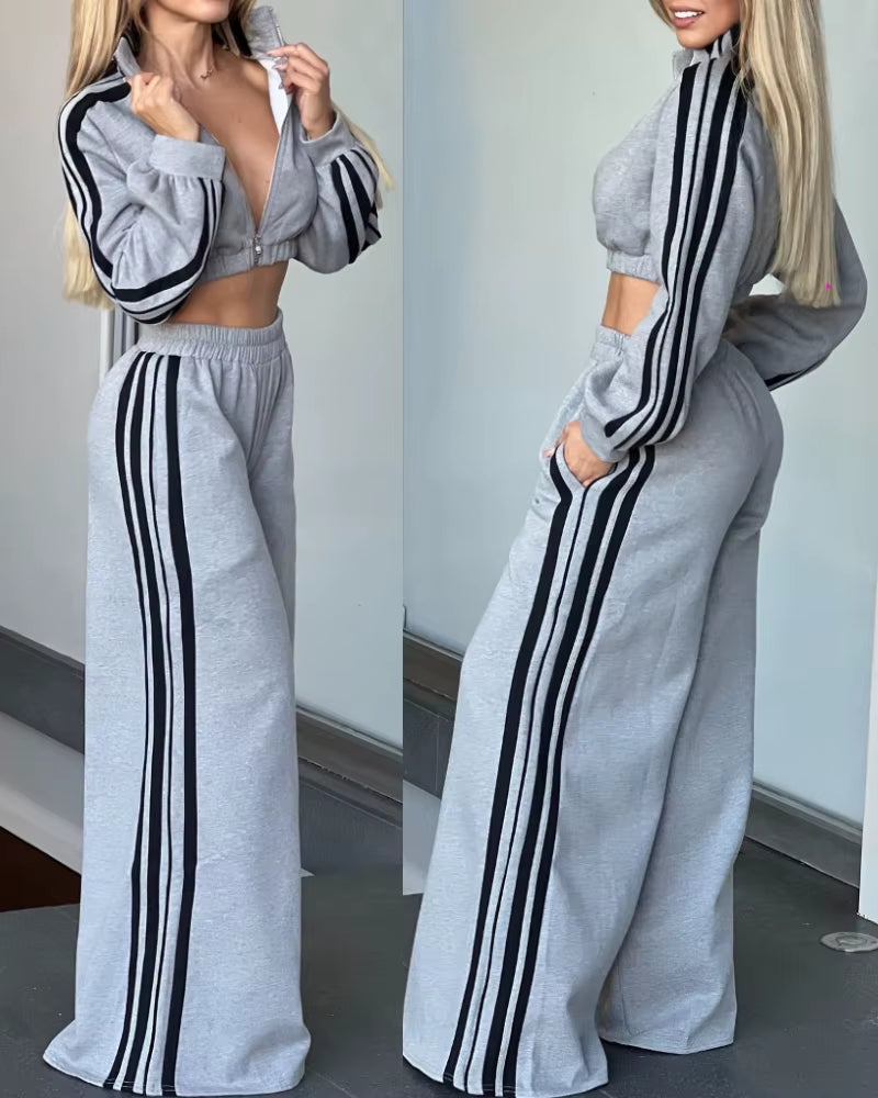 Women'S Casual Zipper Striped Long Sleeve Crop Top & Wide Leg Pants Set Spring New Fashion Womens Casual Pocket Trousers Outfits