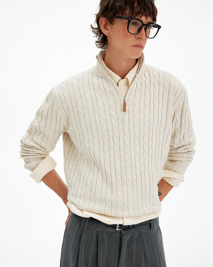 Retro Cable-Knit Half-Zip Sweater Casual Knitted Top