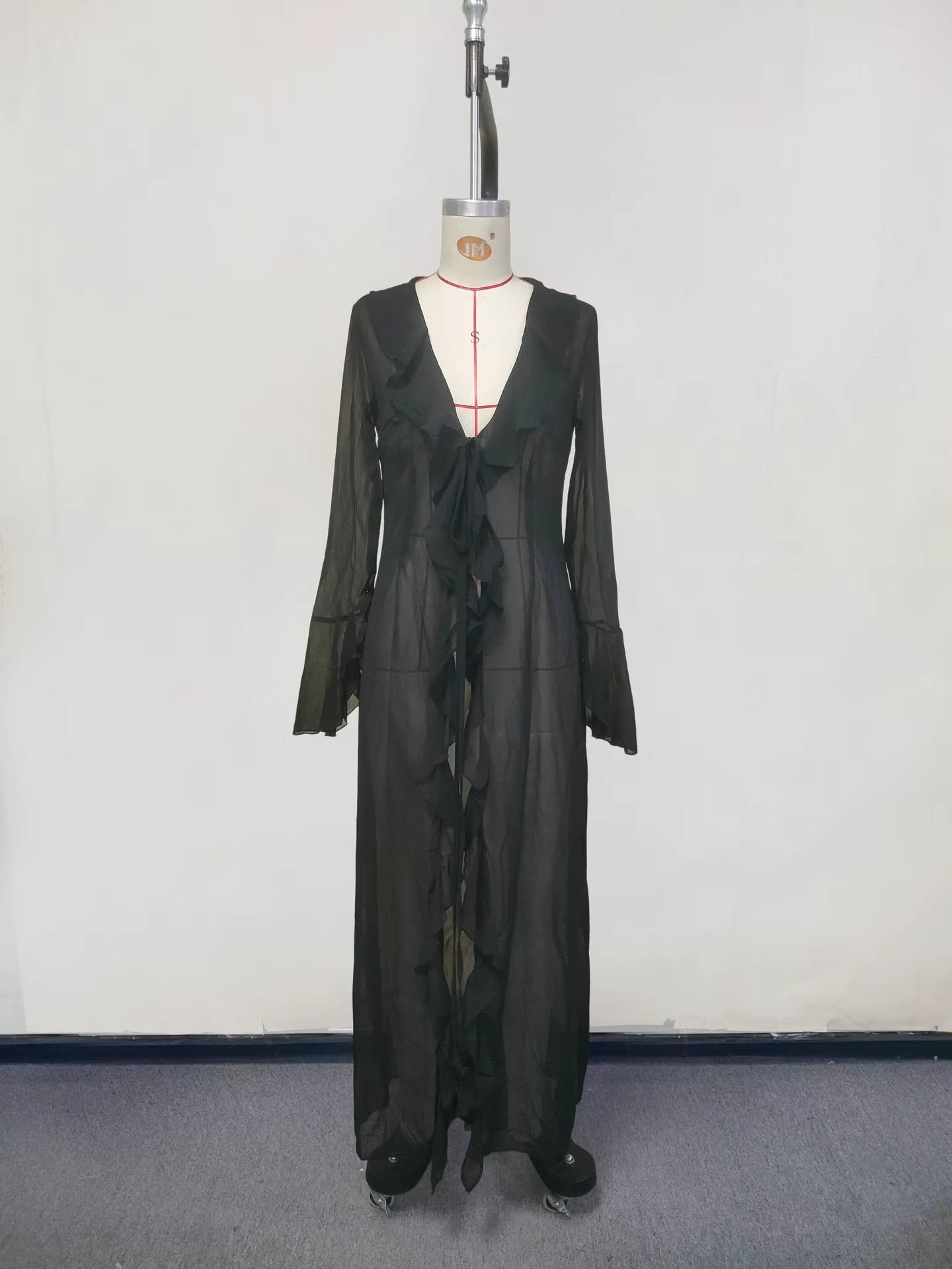 New Chiffon Tunic Beach Cover up Cover-Ups Dress Sunscreen Beachwear Womens Clothing Sexy V Neck Ruffled Long Sleeve Black White