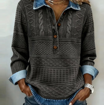 Womens Retro Printed Stand Collar Long-Sleeve Top