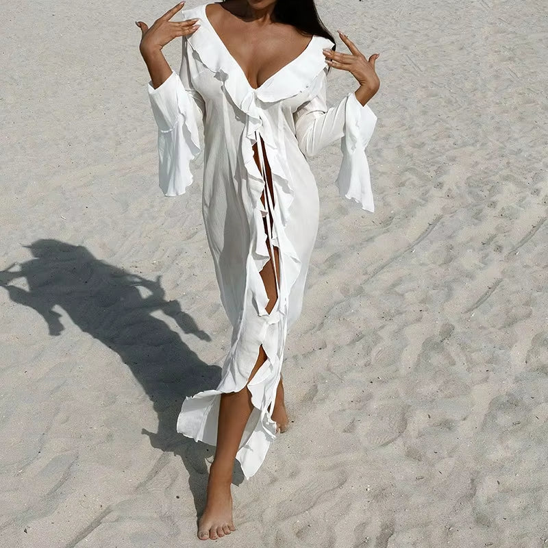 New Chiffon Tunic Beach Cover up Cover-Ups Dress Sunscreen Beachwear Womens Clothing Sexy V Neck Ruffled Long Sleeve Black White