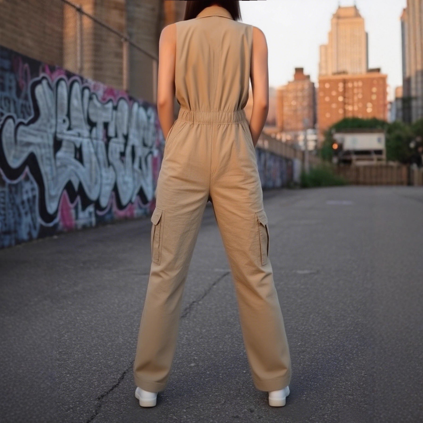 Multi-Pocket Zippered V-Neck Defined-Waist Jumpsuit