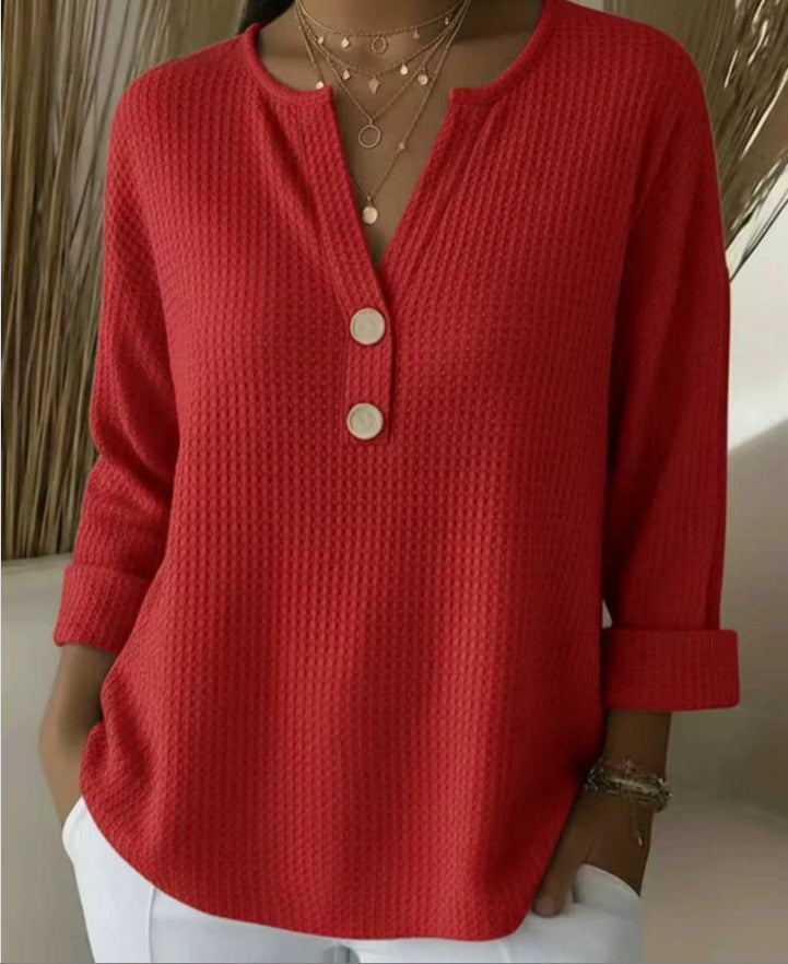 Womens Loose-fit Waffle-knit Long-sleeve V-neck Top