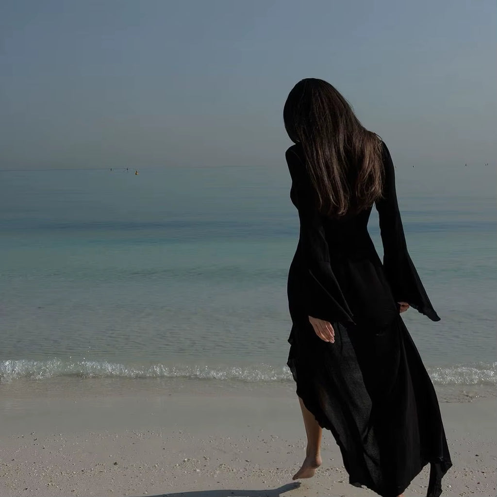 New Chiffon Tunic Beach Cover up Cover-Ups Dress Sunscreen Beachwear Womens Clothing Sexy V Neck Ruffled Long Sleeve Black White