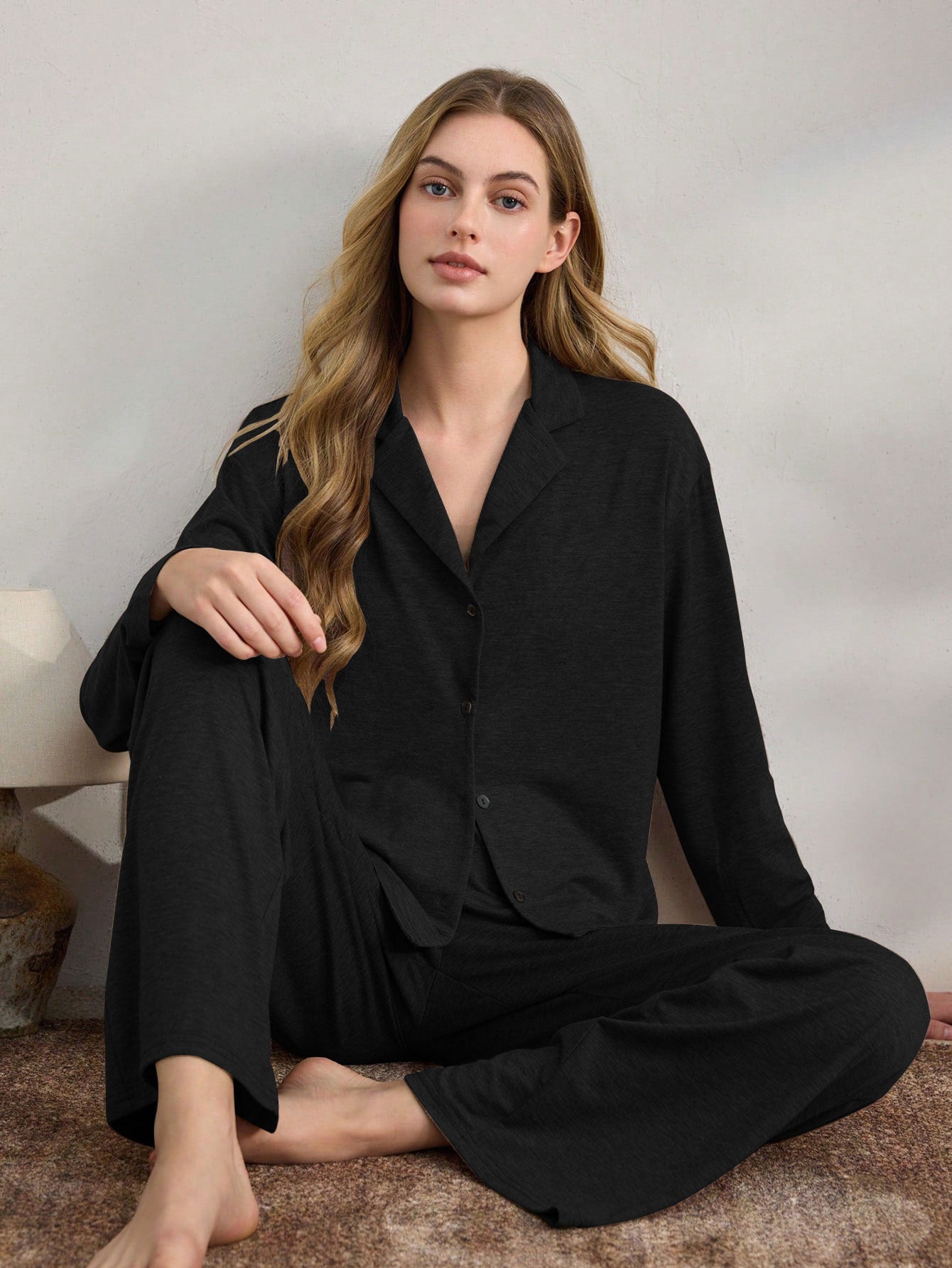 Casual Cardigan Long-sleeve Top And Loose-fitting Pants Pajama Set