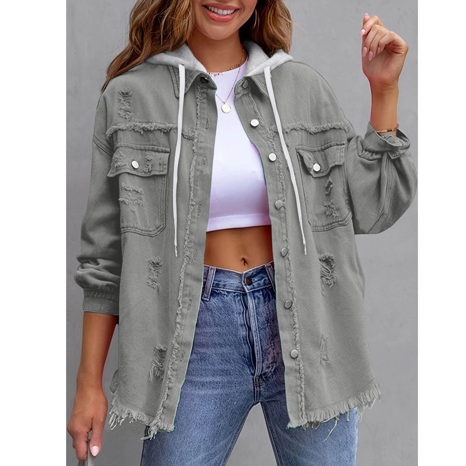 Womens Solid-Color Loose Denim Hooded Jacket