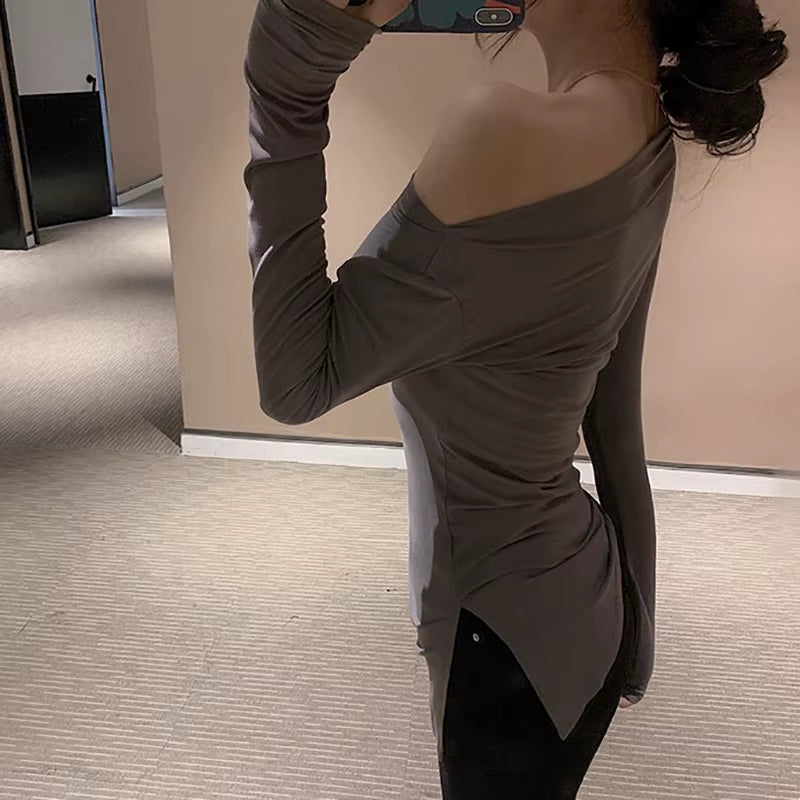 off Shoulder Tshirt Woman Backless Sexy T Shirt Women T-Shirt Long Sleeve Korean Style Slim Elasticity Womens Clothing