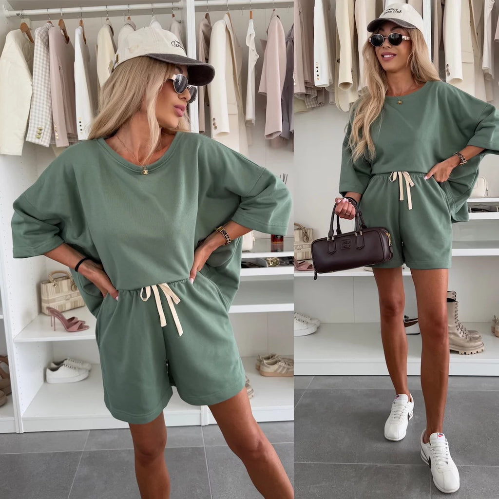 Crew-neck Half-sleeve T-shirt And Minimalist Lace-up Shorts Set