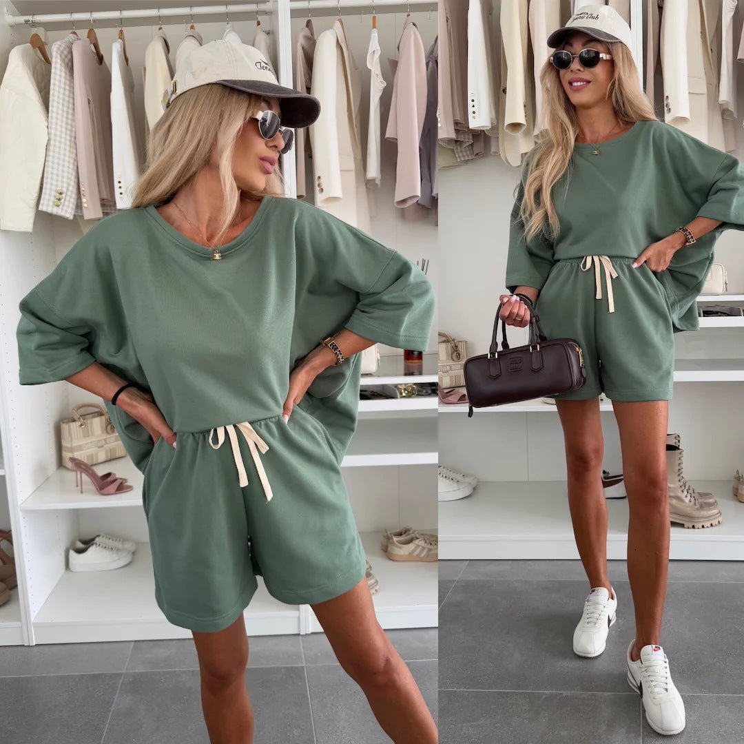 Crew-neck Half-sleeve T-shirt And Minimalist Lace-up Shorts Set