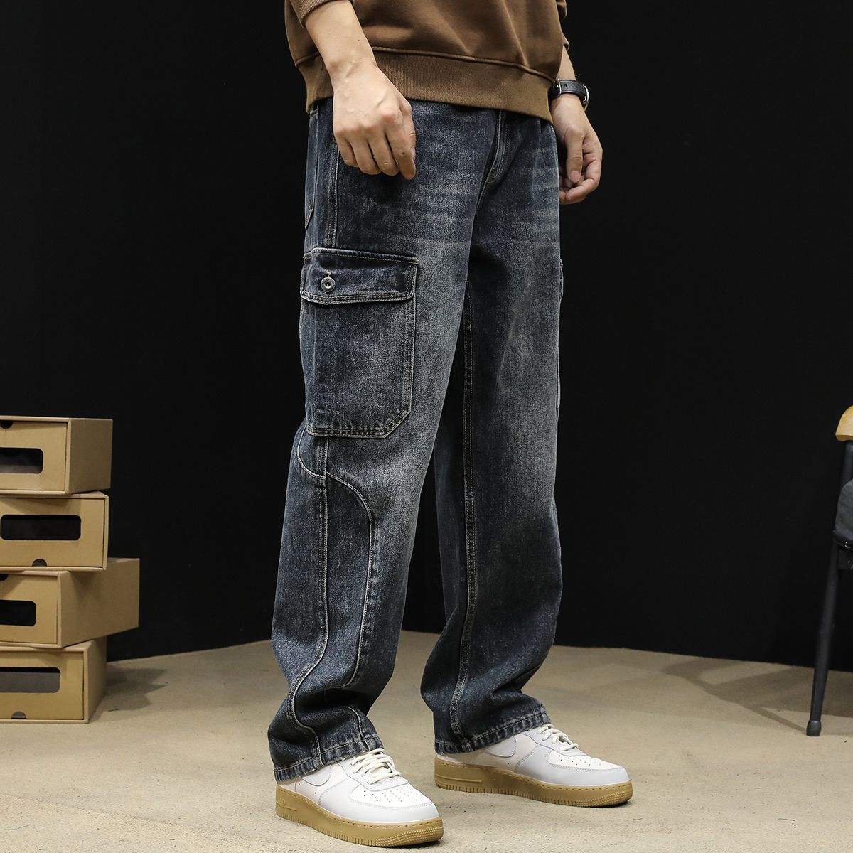 Loose-fitting Plus-size Autumnwinter Wide-leg Cargo Pants With Multiple Pockets