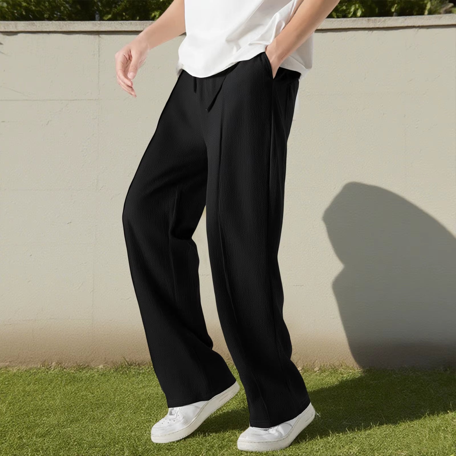 Men S Casual Elastic Waist Drawstring Loose Fit Pants with Pockets Comfortable Trousers for Everyday Wear