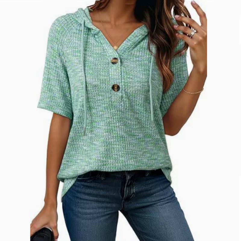 Buttoned Waffle-knit Hooded Top