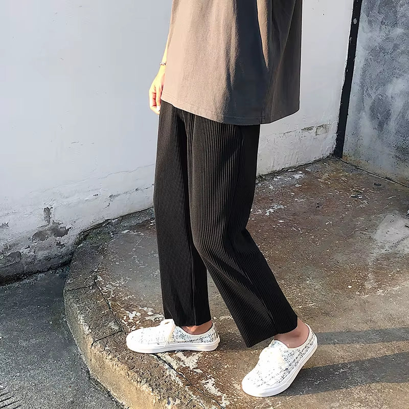 Korean Version Pleated Straight Pants Men'S NEW Fashion Elastic Waist Casual Pants Men Streetwear Ice Silk Trousers Mens Pants
