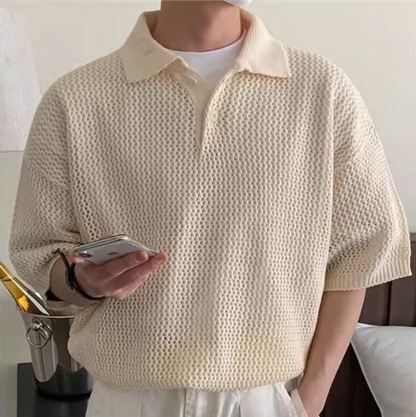 Men's Summer Loose-Fit Lapel Short-Sleeve Hollow-Out Half-Sleeve