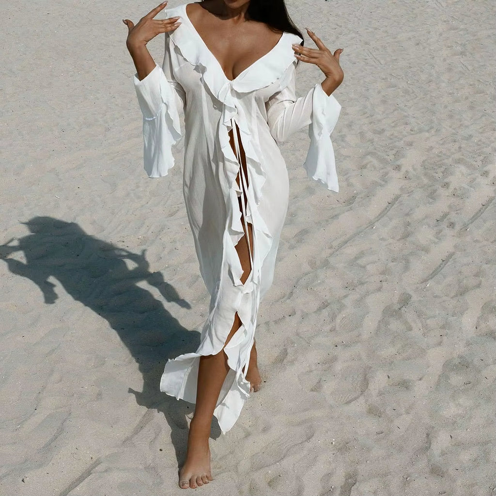 New Chiffon Tunic Beach Cover up Cover-Ups Dress Sunscreen Beachwear Womens Clothing Sexy V Neck Ruffled Long Sleeve Black White