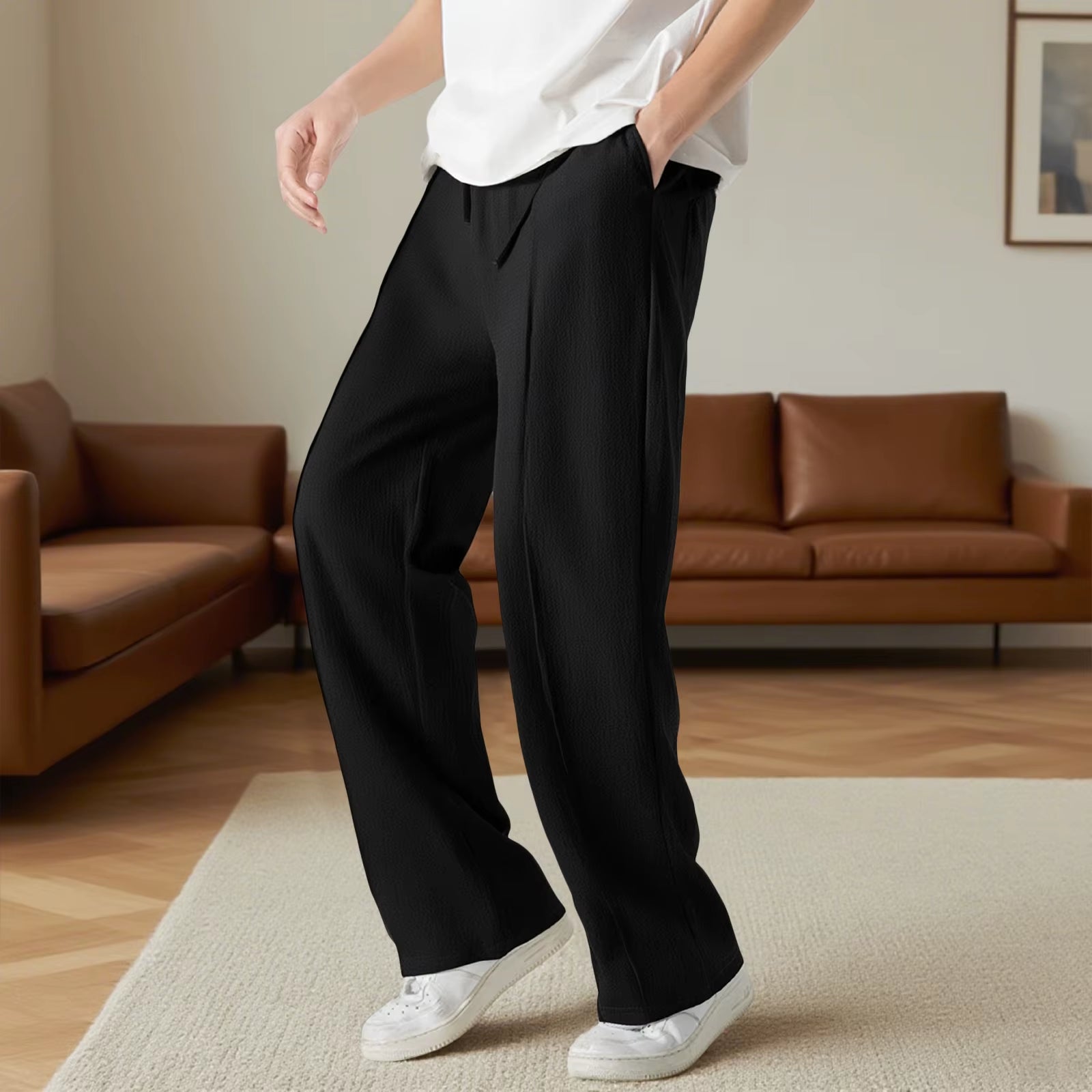 Men S Casual Elastic Waist Drawstring Loose Fit Pants with Pockets Comfortable Trousers for Everyday Wear
