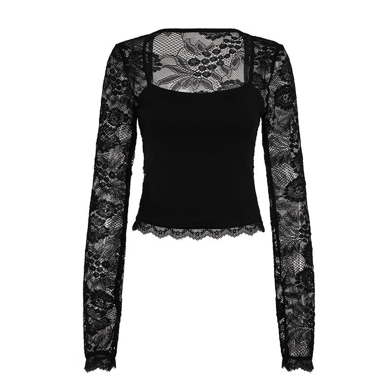 Lace Hollow-out Patchwork Long-sleeve Top