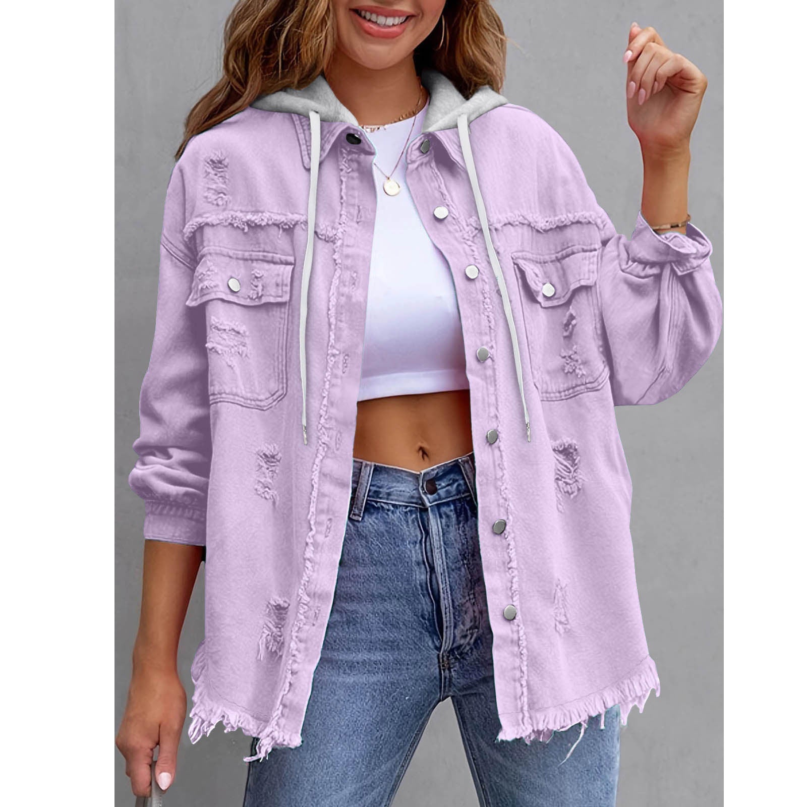 Womens Solid-Color Loose Denim Hooded Jacket