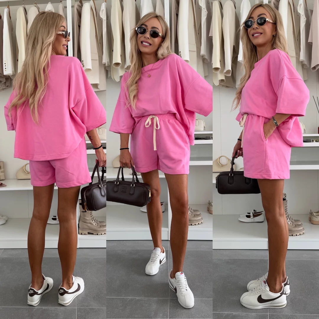 Crew-neck Half-sleeve T-shirt And Minimalist Lace-up Shorts Set