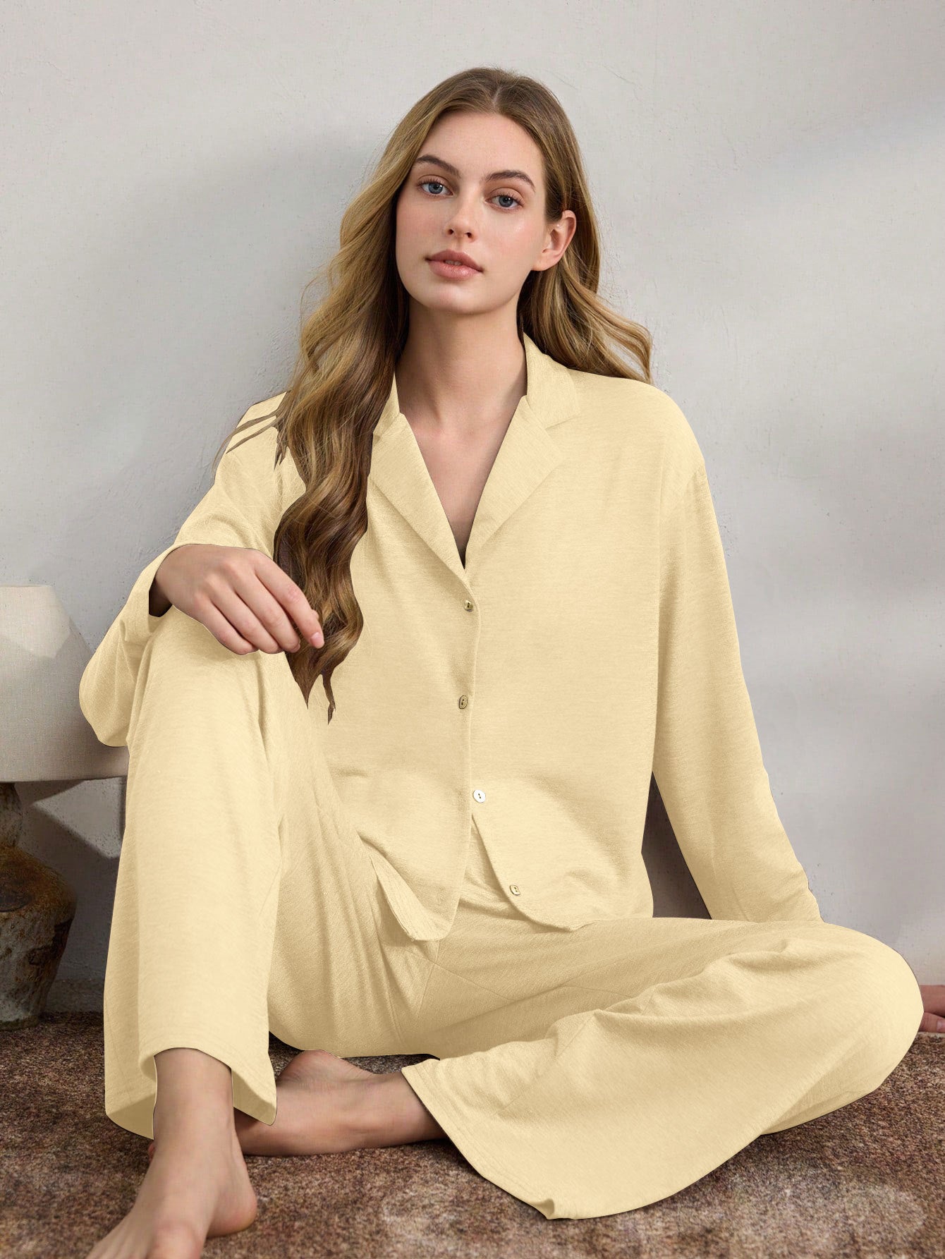 Casual Cardigan Long-sleeve Top And Loose-fitting Pants Pajama Set