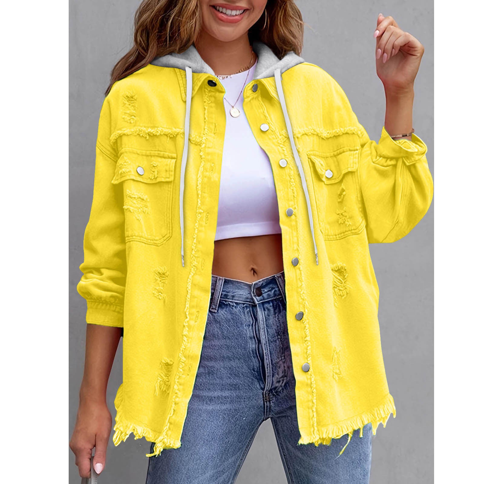 Womens Solid-Color Loose Denim Hooded Jacket
