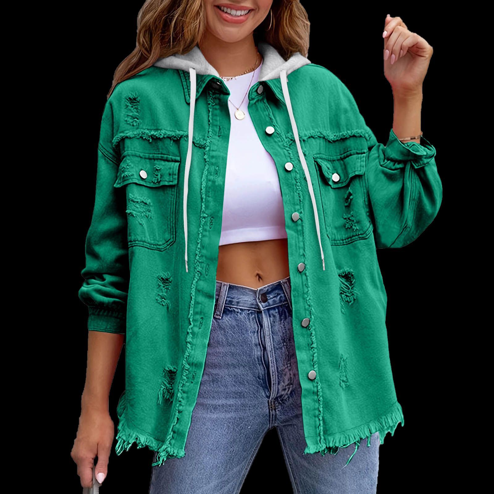 Womens Solid-Color Loose Denim Hooded Jacket