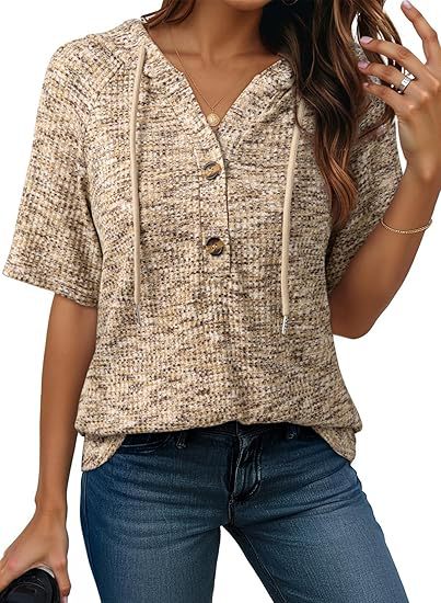 Short-sleeve Buttoned V-neck Waffle-knit Hooded Top