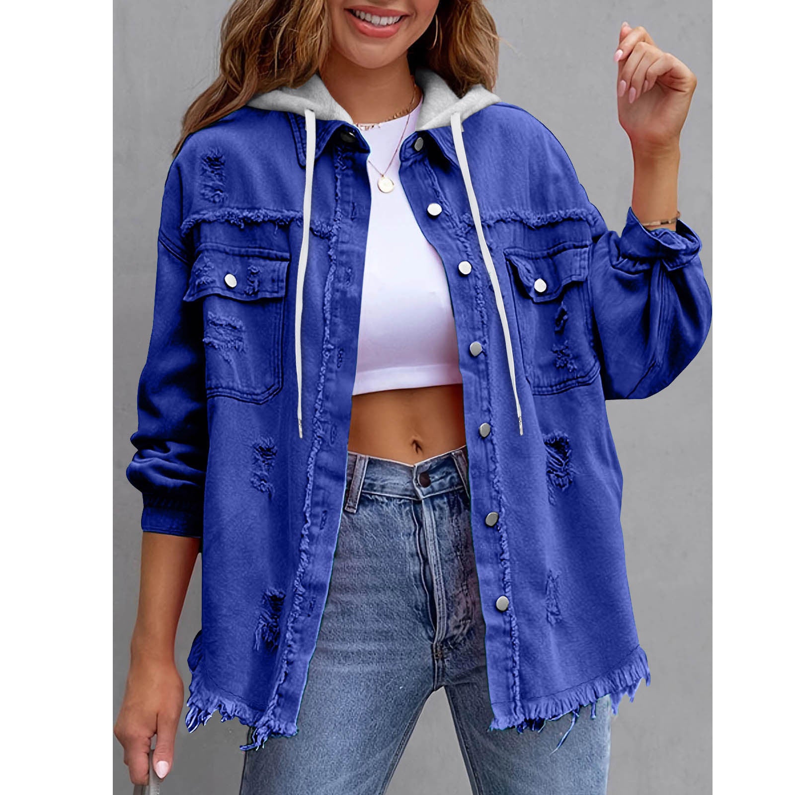 Womens Solid-Color Loose Denim Hooded Jacket