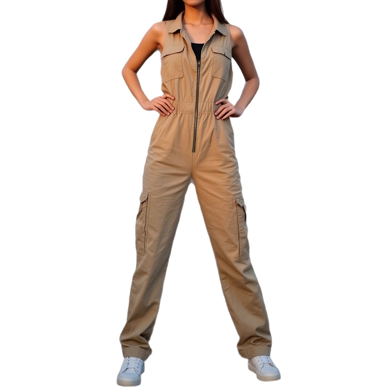 Multi-Pocket Zippered V-Neck Defined-Waist Jumpsuit