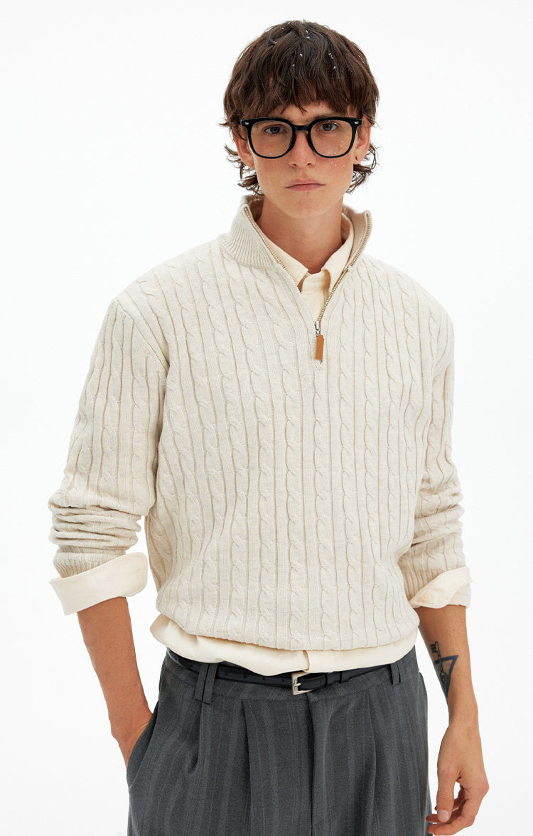 Retro Cable-Knit Half-Zip Sweater Casual Knitted Top