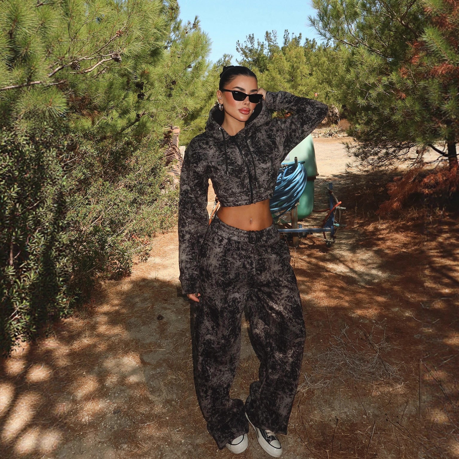 Printed Athletic Set With Zip-up Hoodie And Wide-leg Pants