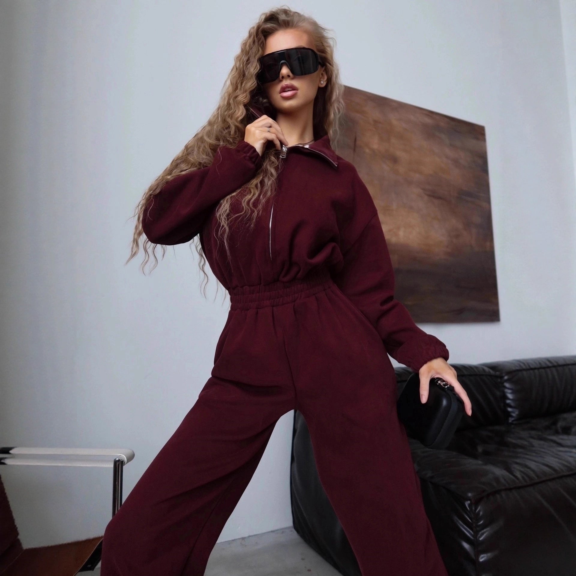 Womens Long-sleeve Zip-front Collared Jumpsuit