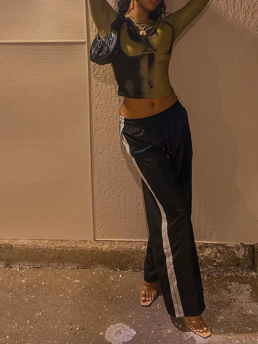 Women Casual Pants Drawstring Elastic Waist Striped Loose Long Trousers Streetwear