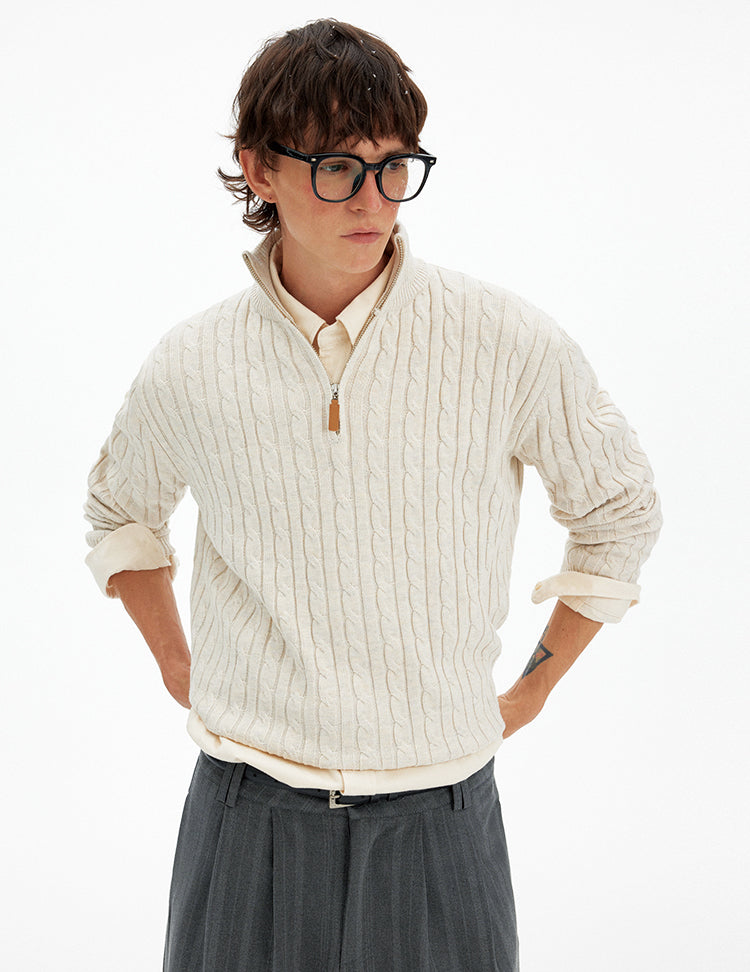 Retro Cable-Knit Half-Zip Sweater Casual Knitted Top
