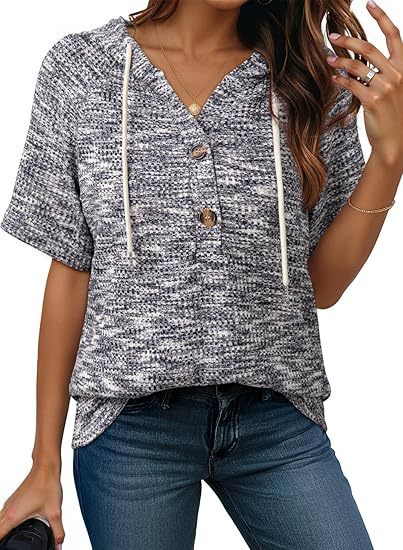Short-sleeve Buttoned V-neck Waffle-knit Hooded Top