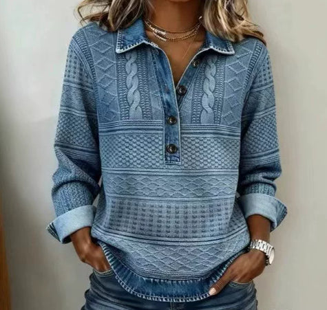 Womens Retro Printed Stand Collar Long-Sleeve Top