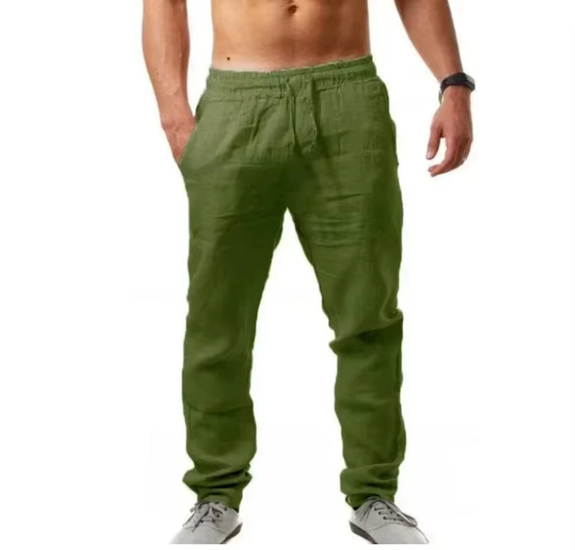 Summer Cotton Pants Casual Long Fitness Breathable Pants Linen Lightweight Drawstring Yoga Beach Trousers Solid Color Mens Pants