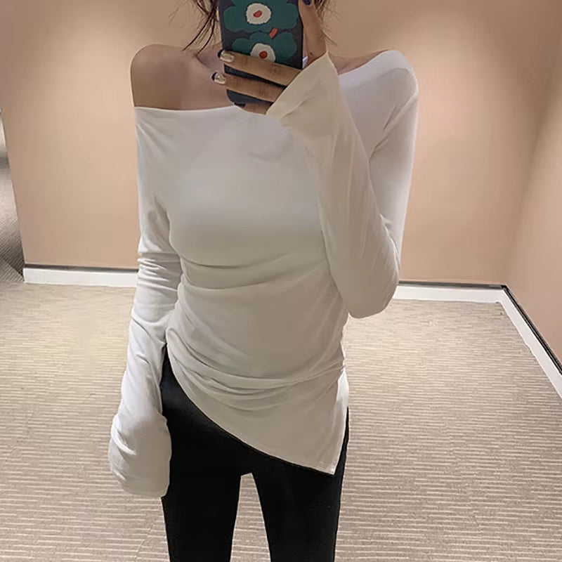 off Shoulder Tshirt Woman Backless Sexy T Shirt Women T-Shirt Long Sleeve Korean Style Slim Elasticity Womens Clothing