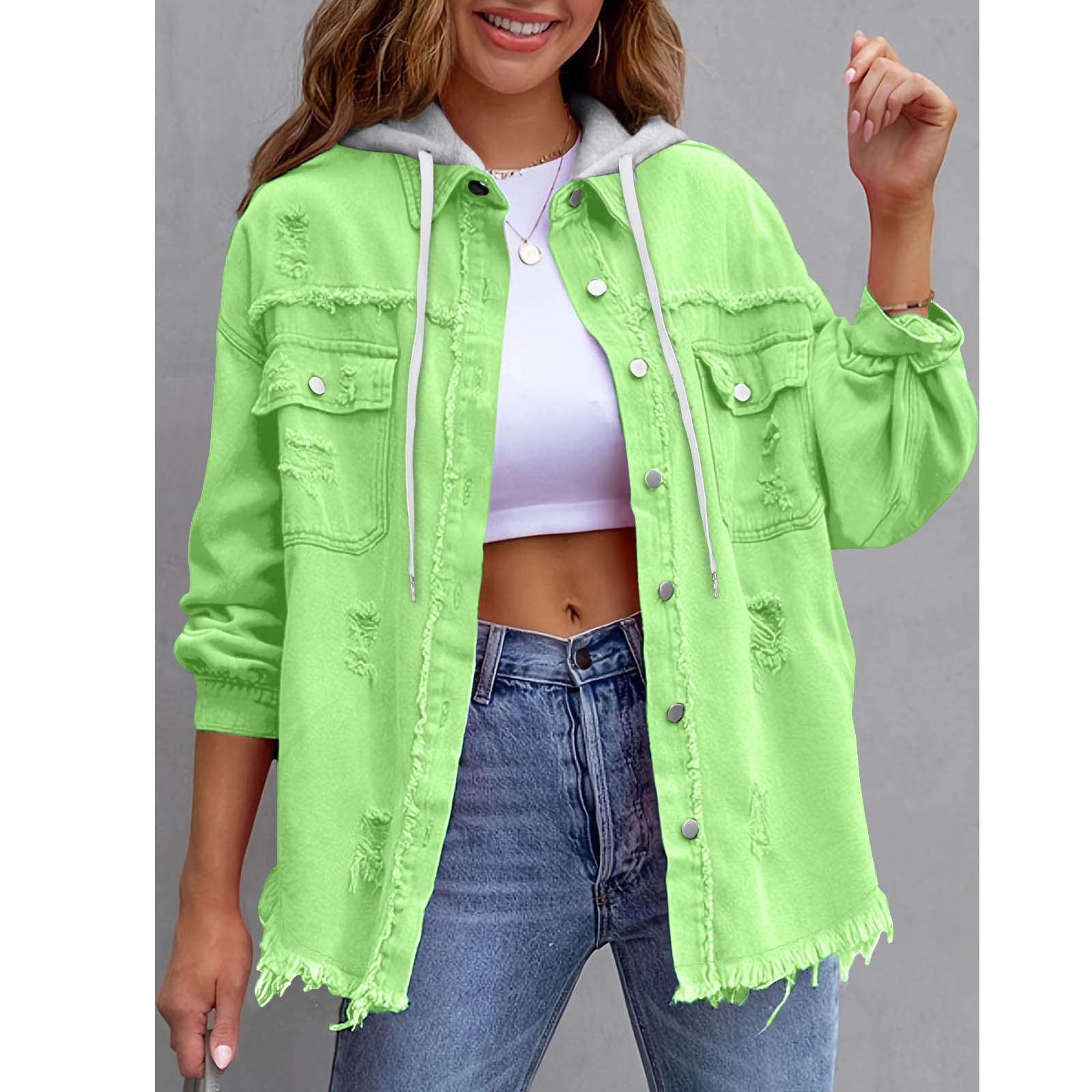 Womens Solid-Color Loose Denim Hooded Jacket